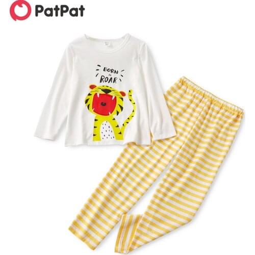 PatPat 2-piece Kid Girl/Kid Boy Pajamas Set, Animal Koala/Tiger Print Long-sleeve Top and Striped Pants Sleepwear Set