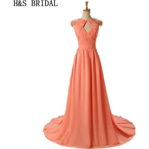 H&S BRIDAL Backless Chiffon formal evening gowns Cap Sleeves Sexy dresses evening wear With Straps prom dress real picture