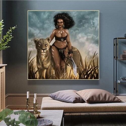 African American black woman lion animal print canvas print wall artwork for bathroom/bedroom/office/living room/corridor
