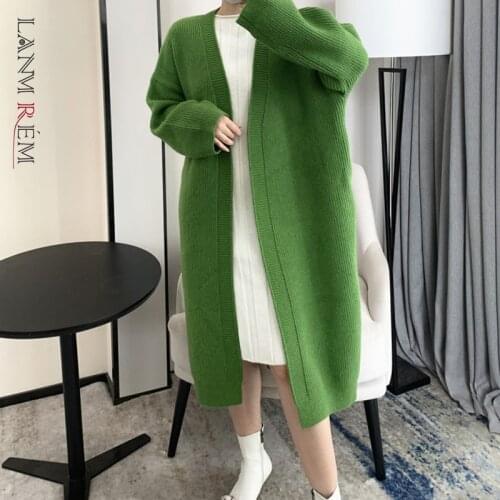 LANMREM 2021 Autumn Winter Sweater Womens Knitting Coat Medium Length Pure Color Cardigan Loose Thickening Female 2T1035
