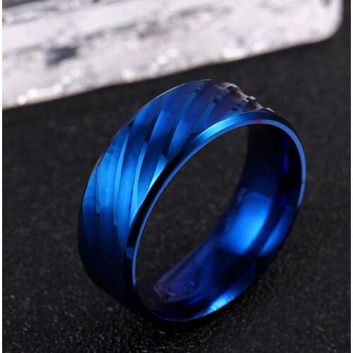 MOREDEAR 8mm Blue Stainless Steel Ring Wedding Engagement Water Wave Rings Women Men Gold Silver
