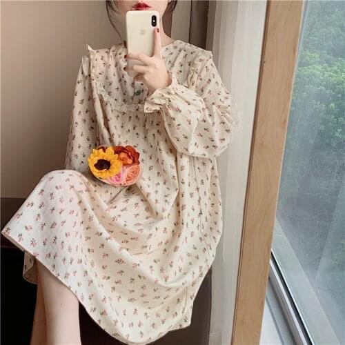Cotton linen floral print nightgown women long sleeve ruffles autumn winter princess homewear dress lacework nightdress Y922