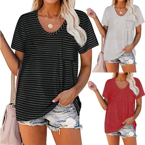 Summer New Fashion Striped T-Shirt Top U-Neck Short Sleeve Tees Bottoming Shirt Loose Casual Pullover Temperament Womens Wear