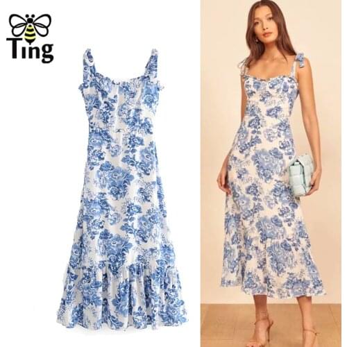 Tingfly Vintage Elegant Floral Print Ruched Strap Midi Long Dress Summer Bohemian Women Casual Fashion Beach Holiday Dress Robes