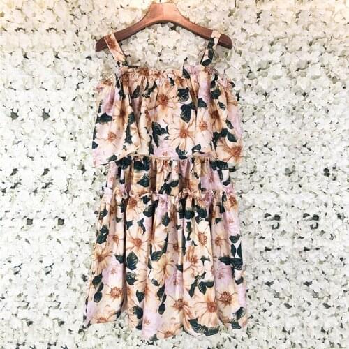 Casual Women Summer Yellow Flowers Green Leaves Ruffled Midi Loose Fashion Strap Sweet Dress High Waist Beach Vacation Clothes