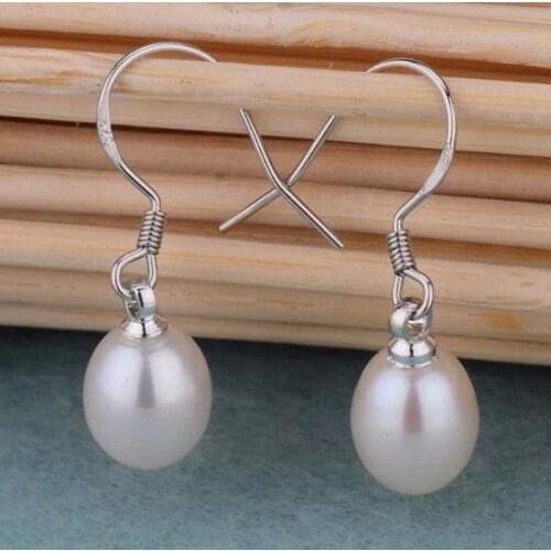 Favorite Pearl Earring Hot Sale AA 8-9MM White Rice Cultured Freshwater Pearl S925 Sterling Silver Dangle Earrings Women Jewelry