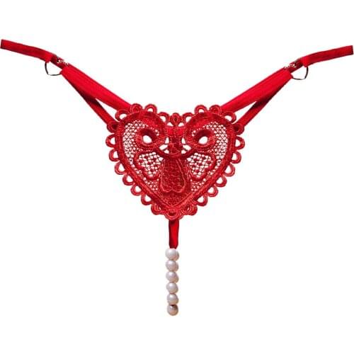 Vintage Love Heart Pearl Massuge Lace Thong Low Waist Transparent Sexy Underwear G-String Fashion Women Lingerie Panties Briefs