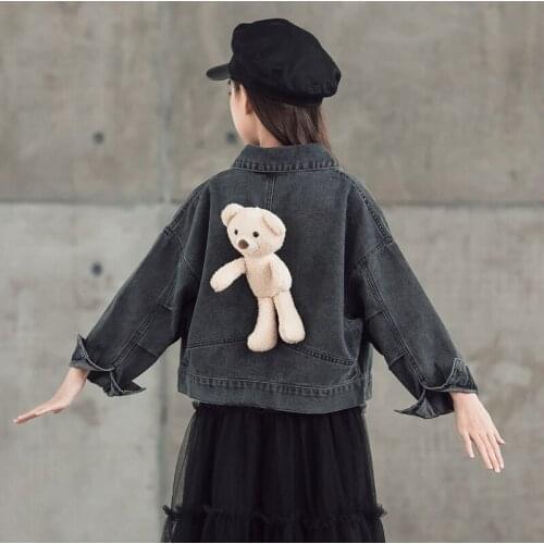 2021 Spring Children Coat For Girls Short Denim Jacket With Back Bear Doll Kurtka Dziewczynka Manteau Fille
