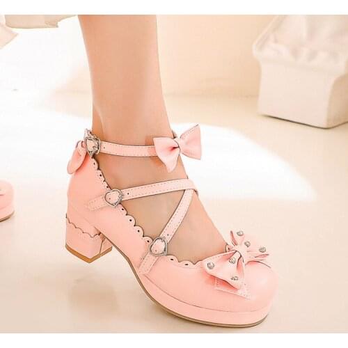 YQBTDL Summer 2020 Cute Green Women Heels Bow Cross Strap Ruffle Mary Jane Shoes Princess Cosplay Block High Heel Pumps Pink
