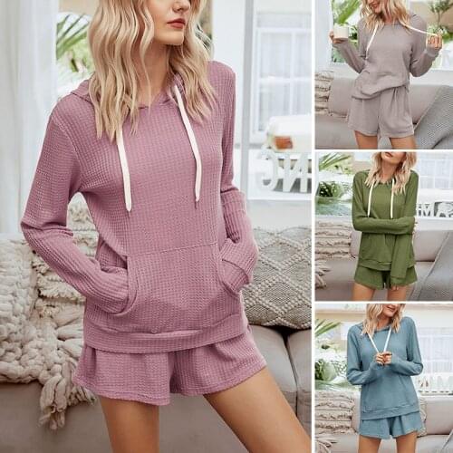 Women Hoodies Sweatshirt+Shorts Sweat Suit Solid Color Tracksuit 2 Piece Set Casual Sport Jogger Suit