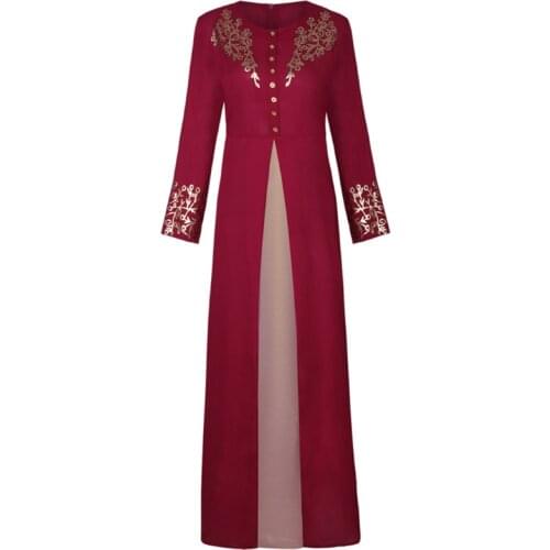 Womens Muslim Fashion High Waisted Dress Abaya Vintage Dubai Turkey Islam Patchwork Clothing Long Sleeve with Buttons