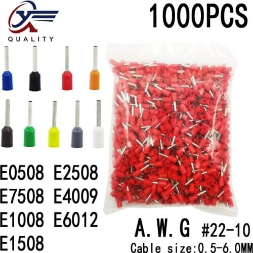 1000pcs/Pack E0508 E1008 E1508 E2508 E4009 Insulated Ferrules Terminal Block Cord End Wire Connector Electrical Crimp Terminator