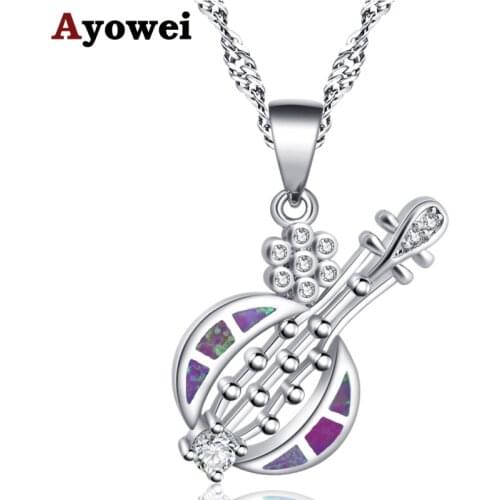 Ayowei Hot Sale Guitar Shape Pink Fire opal Silver Stamped Fashion Jewelry Pendant Necklace For Women OP816A