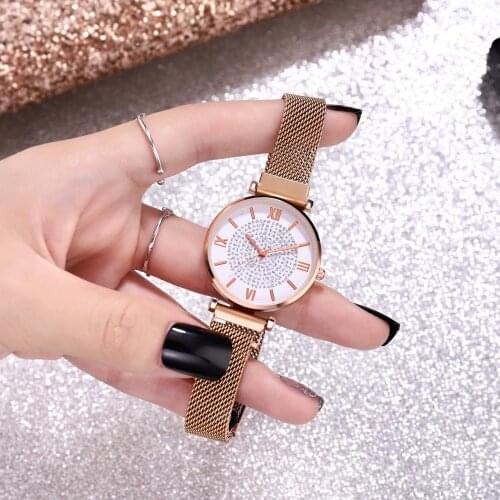 Luxury Rose Gold Women Mesh Magnet Buckle Watches Hot Fashion Gypsophila Rome Elegant Ladies Wristwatches Female Watch Clock