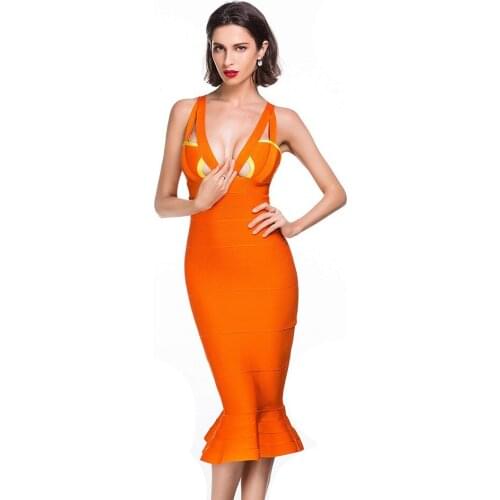 Chic V Neck Spaghetti Strap Keyhole Orange Mermaid Backless Bandage Elegant Cut Out Midi Dress
