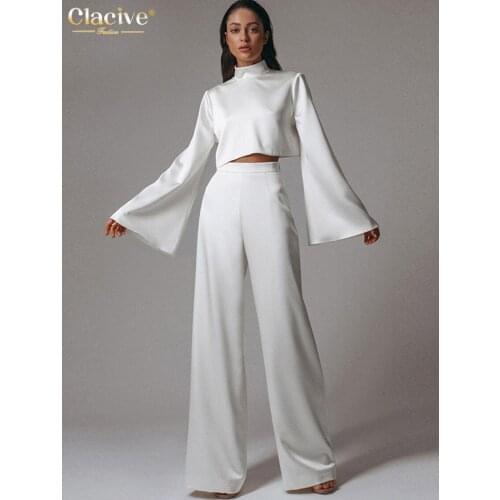 Clacive White Satin Women Pants Set Autumn Flare Sleeve Backless Blouses Tops Two Piece Pants Set Fashion Wide Leg Trousers Suit
