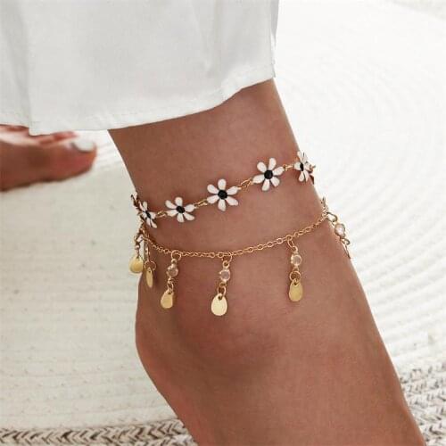 2 Pcs/Set Women Summer Sweet Anklets Gold Color Chain Flower Pendant Double Anklet Set Ladies Fashion Party Jewelry