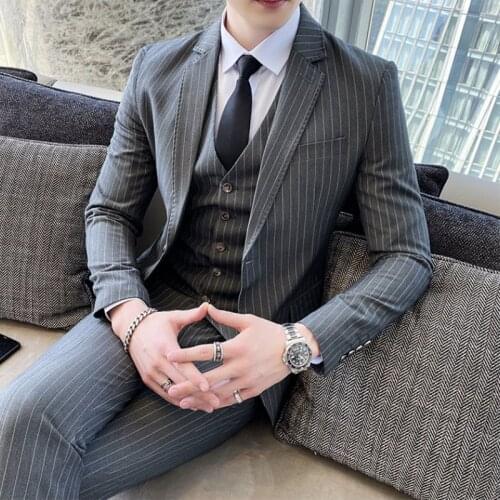 Jackets+Vest+Pants) 2021 Mens three-piece suit/Male slim fit cotton High quality business Blazers/Man stripe groom dress S-5XL