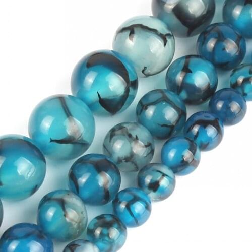 Natural Stone Blue Fire Dragon Black Veins Agates Round Beads For DIY Jewelry 6 8 10mm Making Bracelet Accessories 15'' Strands