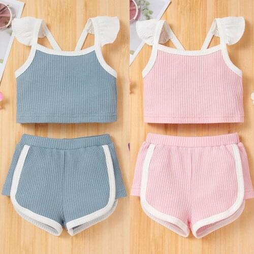 Summer Toddler Newborn Girl Clothes Sets Solid Knitted Sleeveless Tops Shorts Pants Outfits 2PCS Summer Baby Clothing