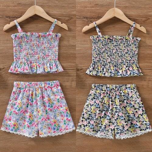 Girl Summer Floral Sling Clothing Set Elastic Suspender Top + Lace Flower Shorts Kids Casual Princess Outfit JYF