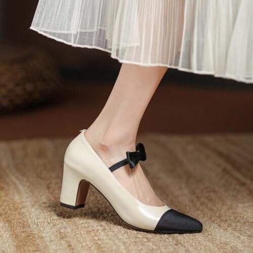 MKKHOU Fashion Single Shoes Women New Genuine Leather Cute Little Bow Color Matching MaryJane shoes High Heel Ladies Dress Shoes