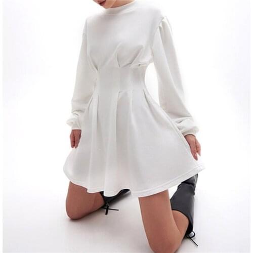 Fashion Casual Women Vintage Elegant A Line Mini Dress Long Sleeve Round Neck Slinky High Waist Pleated One Piece Black White