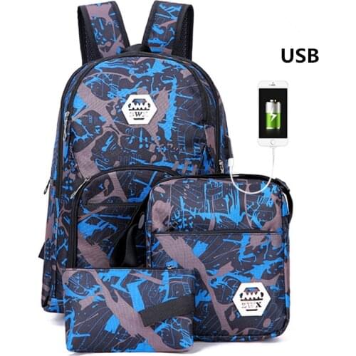 NEW 3pcs/set USB Male backpacks Camouflage schoolbags for girls boys girls High quality nylon school bags travel backpack