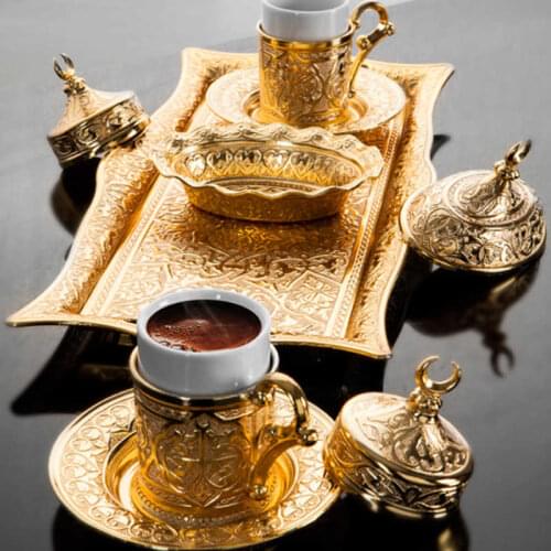 Turkish Tea Coffee Set Espresso Cups Set Anatolian Arabic Coffee Cups Set Ottoman Tea Sets MADE IN TURKEY Set 2 - (9 PCS) Copper