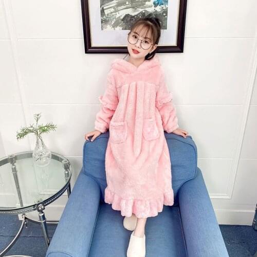 Girls Nightgown winter coral fleece warm children home wear with hoodies age 3 to 14 teen girl winter dress Pajamas home clothes