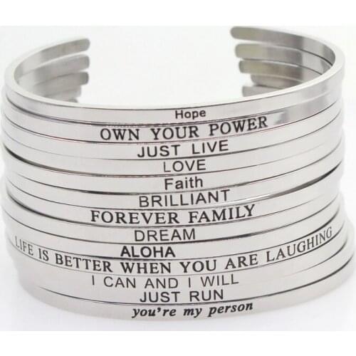 New Stainless Steel Bangle Engraved Positive Inspirational Quote Hand Stamped Cuff Mantra Bracelets For Men Women