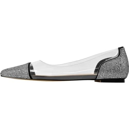 Onlymaker Comfortable Black Suede White Diamonds Pointed Toe Flat PVC Slip On Dress Ballet Shoes Female Plus Size US5~US15