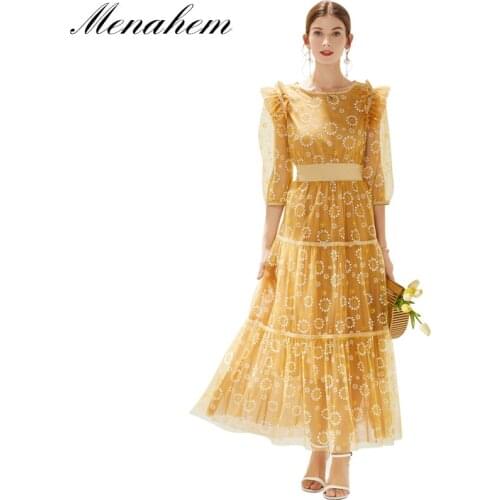 Menahem Evening Party Yellow Mesh Floral Dress Womens Ruffles Long Flying Sleeve Sunflower Printed Maxi Robe Pleated Vestidos