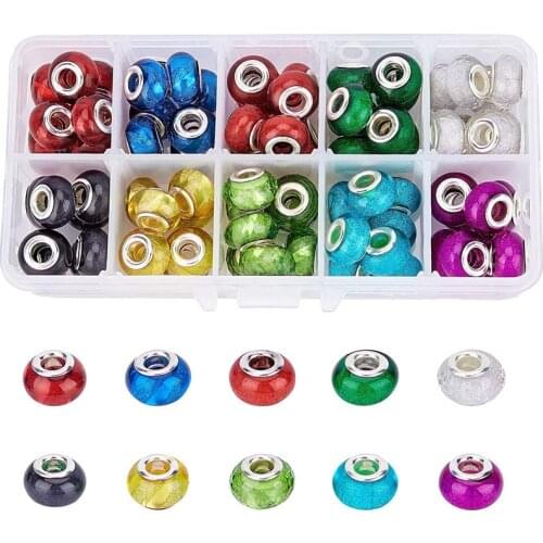 10Pcs Assorted Color Glitter Powder Resin Muranos Charms Large Hole Rondelle European Spacer Beads Fit Pandora Bracelet Jewelry
