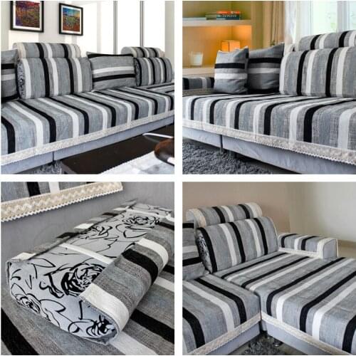 Cotton Linen Fabric Sofa Towel Sectional Sofa Cover Slip Resistant Single-seat Double-seat Three-seat L Shape Striped Sofa Towel