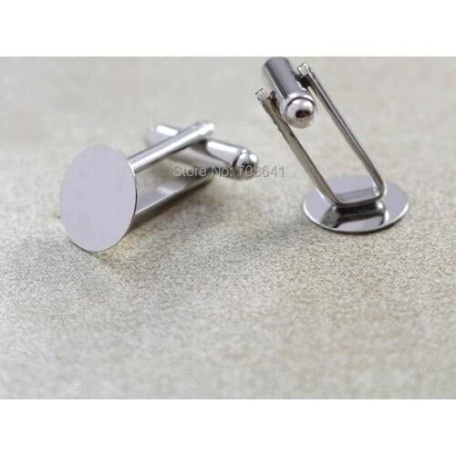 Blank Cufflinks Settings with with Flat circle Pad Cabochons Cufflinks Slide Pitch Mens Cuff links DIY Findings Rhodium tone