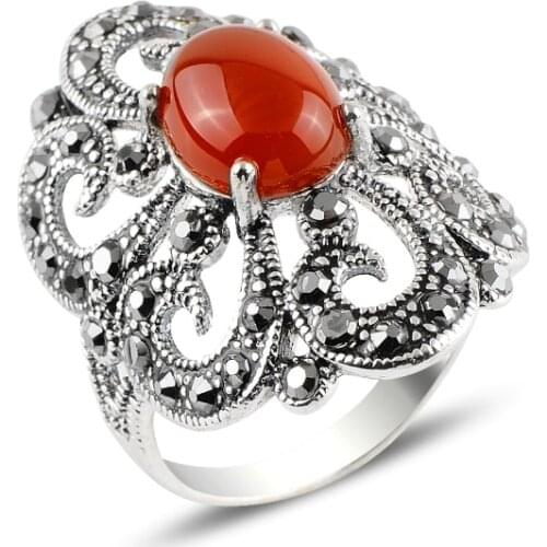 Silver 925 Sterling Red Agate & Marcasite Ring
