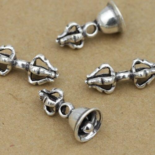 Handmade 925 Silver Dorje & Bell Amulet Pure Silver Tibetan Dorje Buddhist Dorje Bell Charms Malas Counter Charms