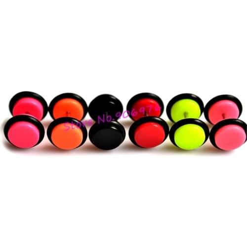 Round Earring Fake Ear Plug Stud Neon Acrylic Plain Mixed Colors Free Shipping 8mmTaper Cheater Expander Body Piercing Jewelry