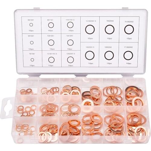 1-2mm Thickness 150 Pcs Copper Washers Metric Sealing Ring Gasket Set M6 M8 M10 M10.5 M11 M12 M12.5 M14 M15 M16 M16.5 M 17.5