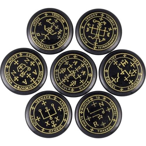 TUMBEELLUWA 1Lot (7Pc) Round Black Onyx Palm Stone Engraved Magic Archangel Symbol Chakra Healing Crystal Set