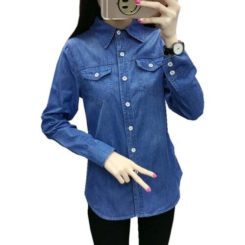 Spring Autumn women Classic basic style Turn-down Collar full-sleeve blouse pocket Button single Breasted Denim shirt casual top