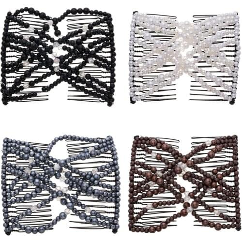 4PCS Double Magic Slide Metal Comb Clip Hairpins Vintage Pearl Bead Stretchy Hair Combs for Women Ladies Hair Accessories Gift
