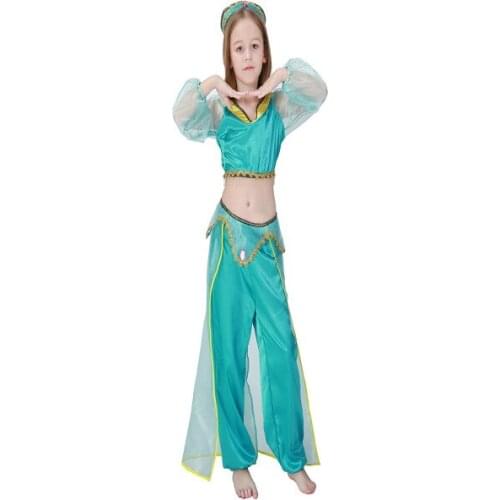 Halloween green Arab costumes childrens belly dance Indian Aladdin magic lamp jasmine princess costume kids girls cosplay dress