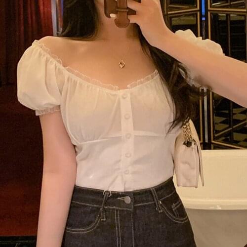 Women Sexy Short Puff Sleeve Tank Tops Summer Elegant Solid Square Neck Blouse Casual Pleated Tunic Shirt Party Out Blusa