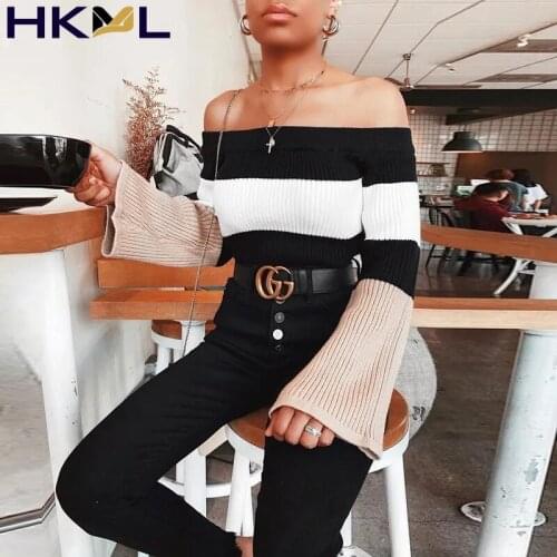 Striped Off Shoulder Flared Sleeves Knit Top Women Casual Blouses