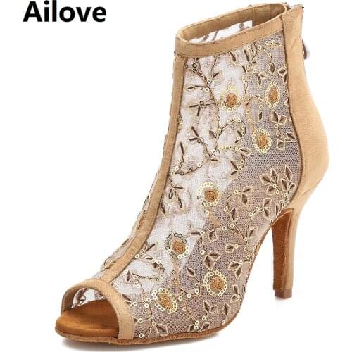 Ailove Women`s Social Ballroom Latin Salsa Dance Boots Plant Print Air-mesh Party Dancing Shoes with Bronze Flock Back Heel S057