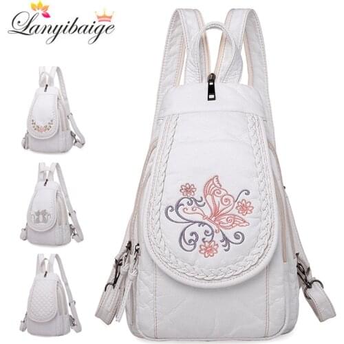 2020 Fashion Ladies Embroidery Small Backpack High Quality Soft Washed Leather Backpack Women Multifunc Bagpack Mochilas Mujer