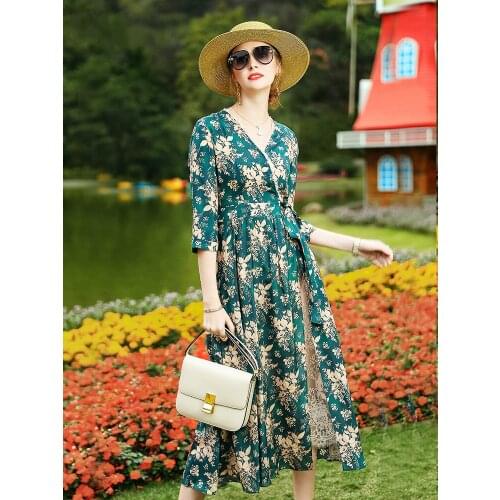 Silk 200% Summer Real Floral Midi Dresses for Women Elegant Green Dress Fashion 2020 V Neck Vestido KML20A4220 Pph422