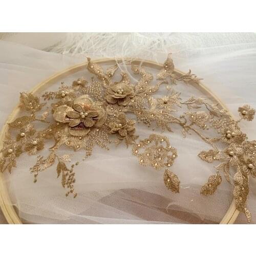 1 piece rose gold lace applique, French applique patch, 3D flowers lace applique with rhinestones, bridal applique, 3d floral